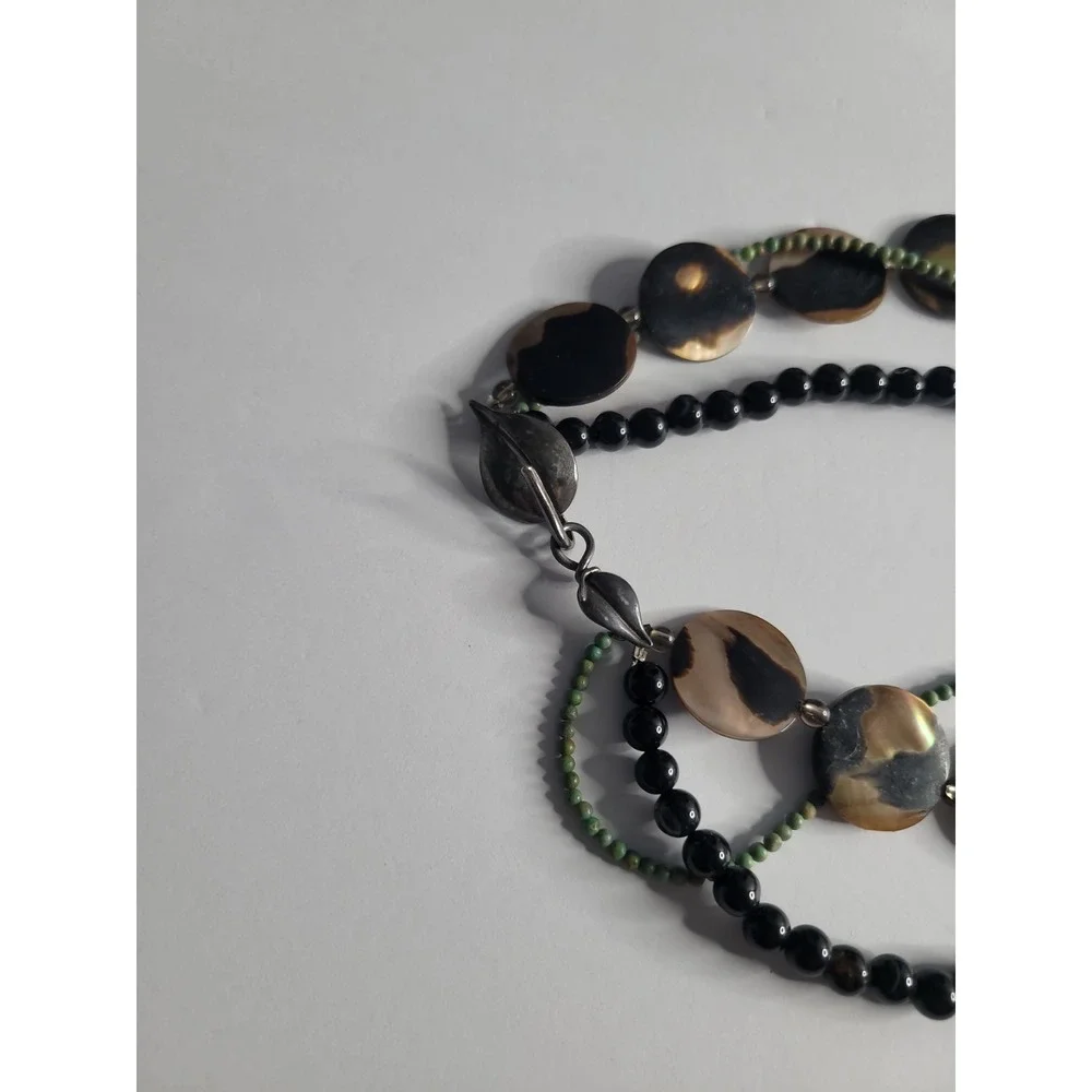 Multi Strand Shell Disc Necklace 925 Sterling‎ Clasp Black Bead Boho Artisan